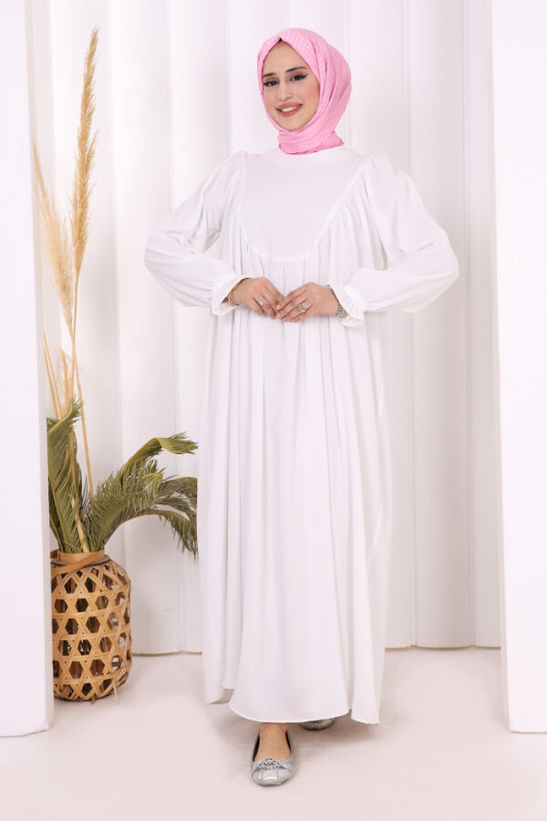 Kol Manşetleri Büzgülü Elbise 6004 Ekru - 2