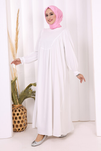 Kol Manşetleri Büzgülü Elbise 6004 Ekru - 3