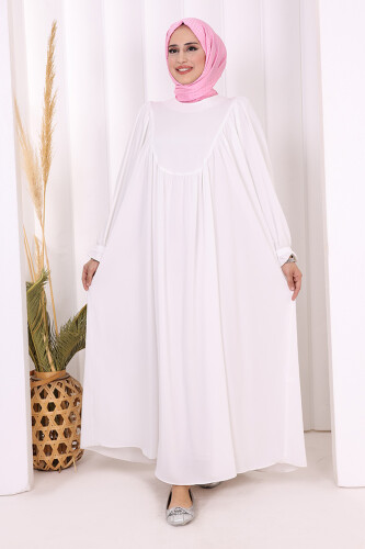 Kol Manşetleri Büzgülü Elbise 6004 Ekru 