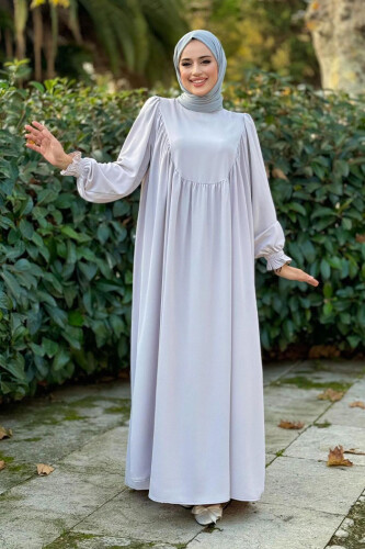 Kol Manşetleri Büzgülü Elbise 6004 Gri - Bym Fashion