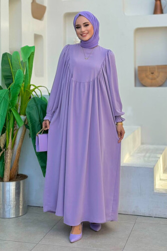 Kol Manşetleri Büzgülü Elbise 6004 Lila - Bym Fashion