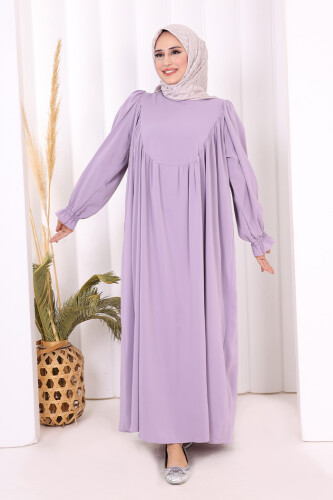 Kol Manşetleri Büzgülü Elbise 6004 Lila 