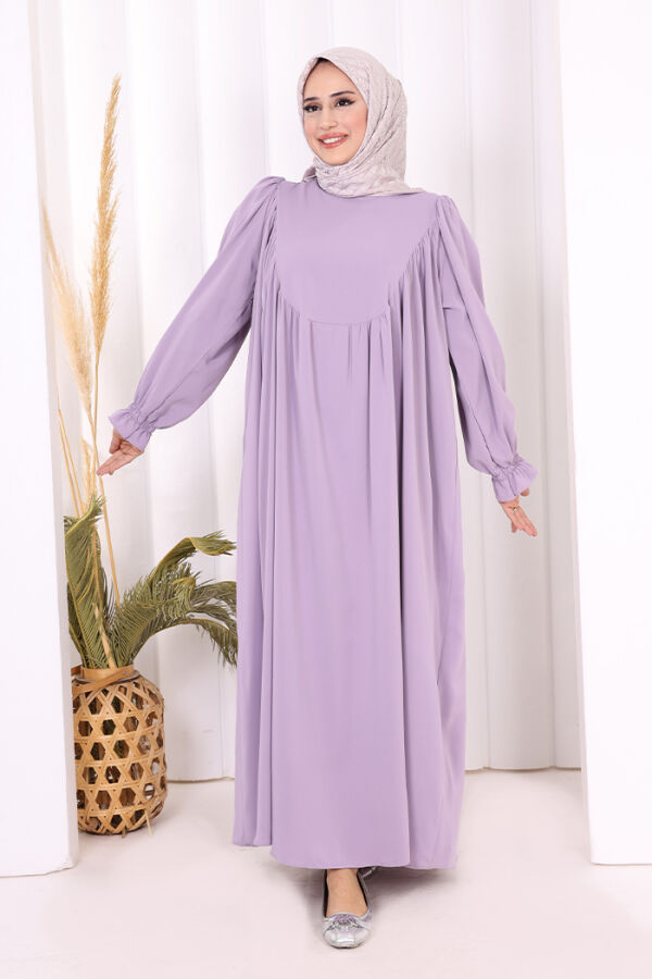 Kol Manşetleri Büzgülü Elbise 6004 Lila - 1