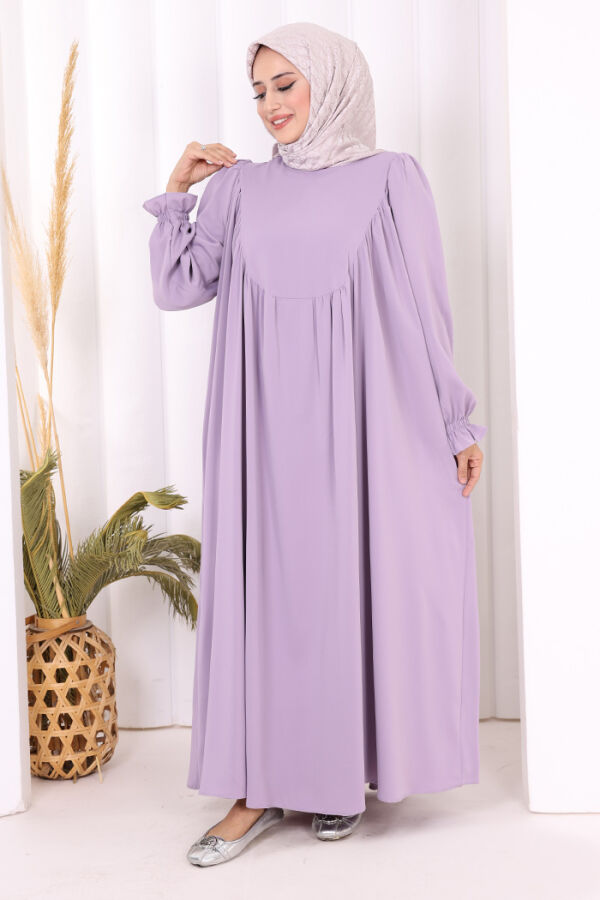 Kol Manşetleri Büzgülü Elbise 6004 Lila - 2
