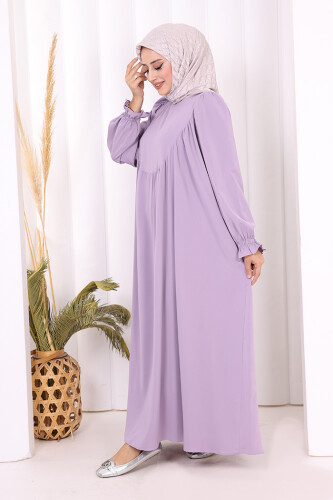 Kol Manşetleri Büzgülü Elbise 6004 Lila - 3