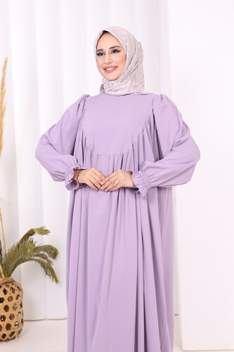 Kol Manşetleri Büzgülü Elbise 6004 Lila - 5