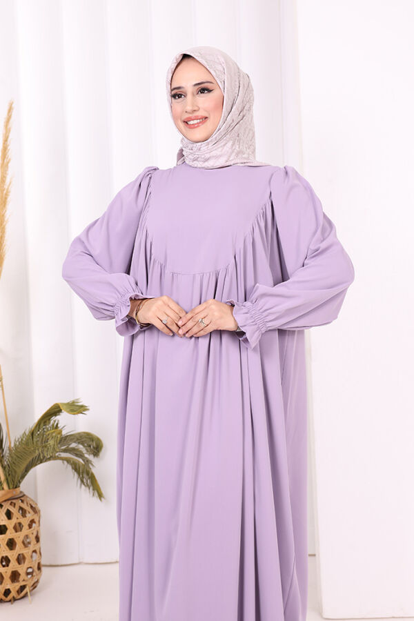 Kol Manşetleri Büzgülü Elbise 6004 Lila - 5