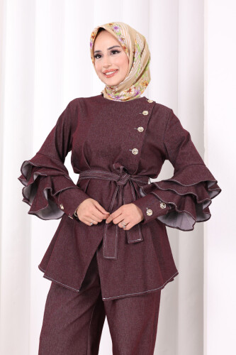 Koldan Fırfır Detay İkili Takım 8025 Bordo - 5