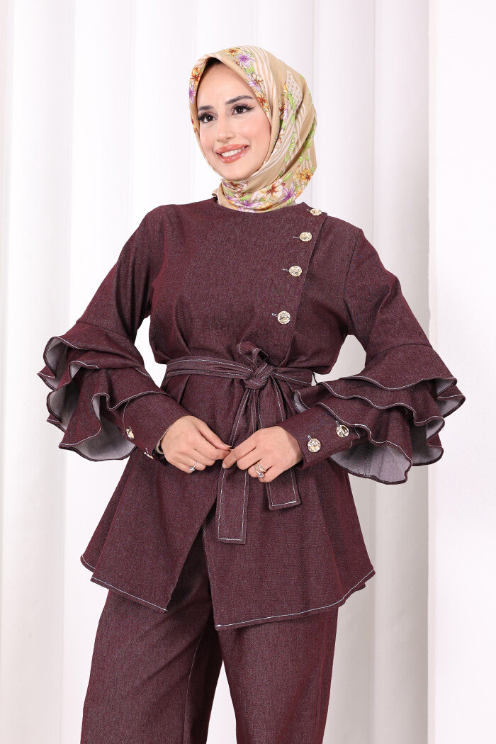 Koldan Fırfır Detay İkili Takım 8025 Bordo - 5