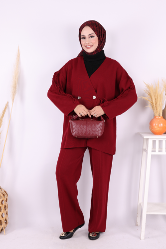 Kolları Fırfırlı Hırka ve Pantolon Takım 17026 Bordo - Bym Fashion