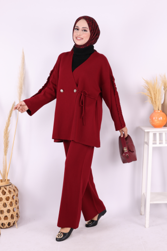 Kolları Fırfırlı Hırka ve Pantolon Takım 17026 Bordo - 2