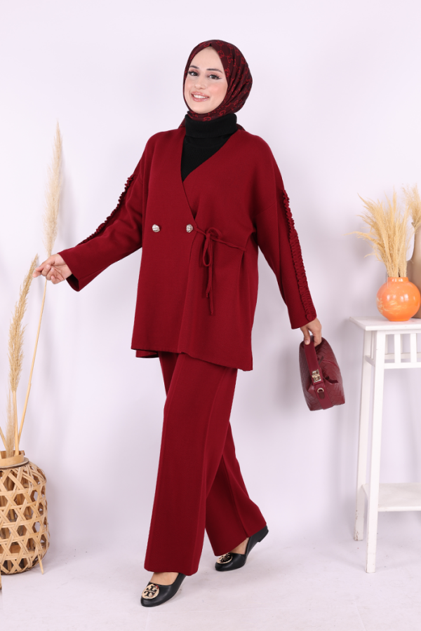 Kolları Fırfırlı Hırka ve Pantolon Takım 17026 Bordo - 2