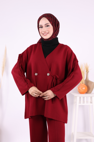 Kolları Fırfırlı Hırka ve Pantolon Takım 17026 Bordo - 4
