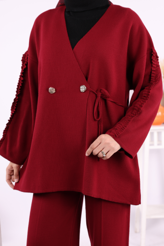 Kolları Fırfırlı Hırka ve Pantolon Takım 17026 Bordo - 5