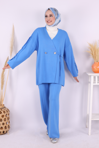 Kolları Fırfırlı Hırka ve Pantolon Takım 17026 İndigo - Bym Fashion