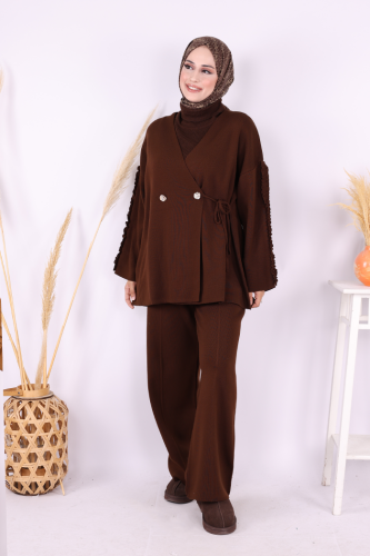 Kolları Fırfırlı Hırka ve Pantolon Takım 17026 Kahverengi - Bym Fashion