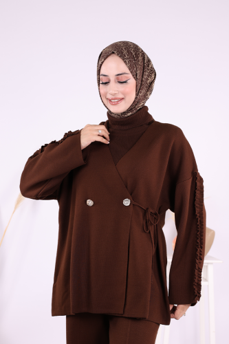 Kolları Fırfırlı Hırka ve Pantolon Takım 17026 Kahverengi - 4