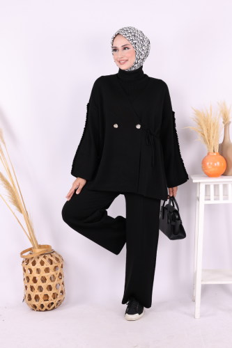 Kolları Fırfırlı Hırka ve Pantolon Takım 17026 Siyah - Bym Fashion