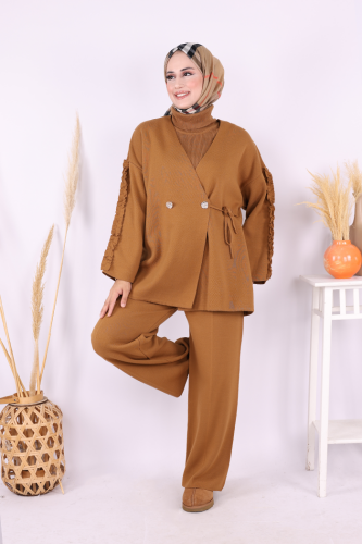 Kolları Fırfırlı Hırka ve Pantolon Takım 17026 Taba - Bym Fashion