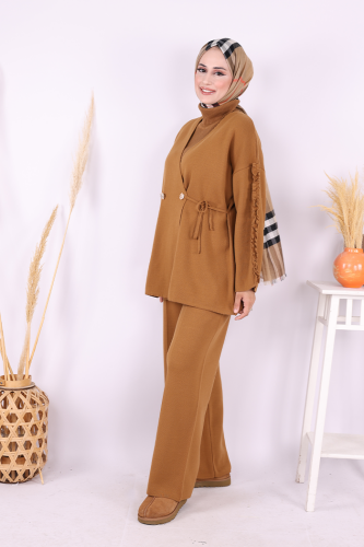 Kolları Fırfırlı Hırka ve Pantolon Takım 17026 Taba - 2
