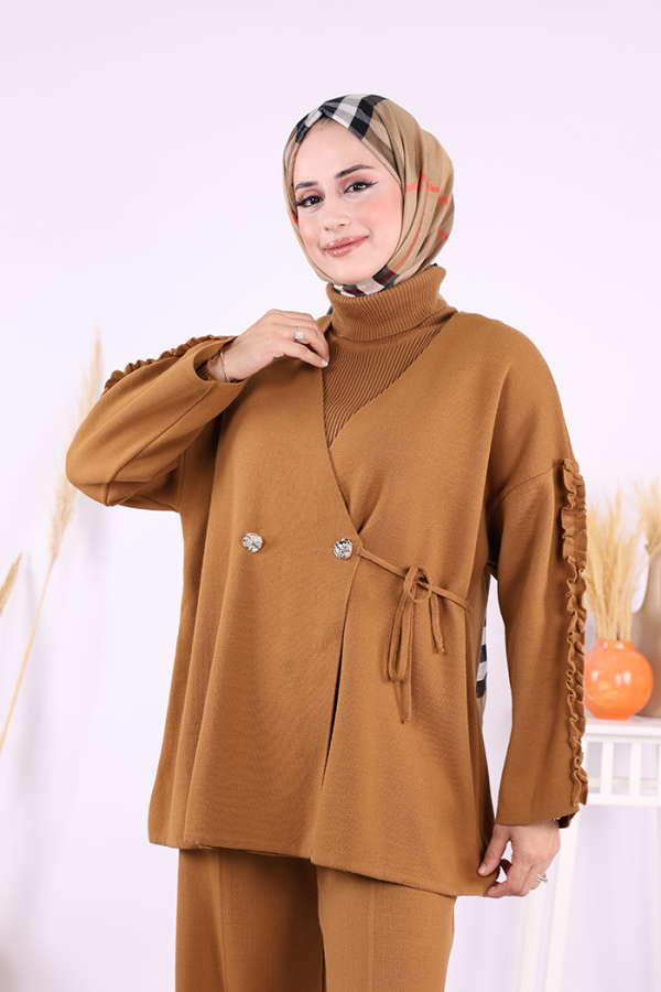 Kolları Fırfırlı Hırka ve Pantolon Takım 17026 Taba - 4