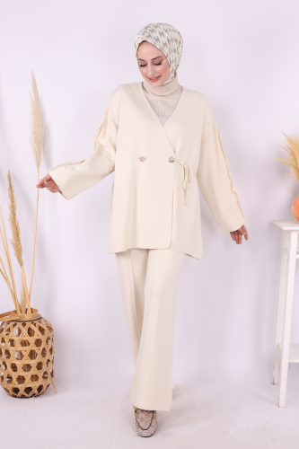 Kolları Fırfırlı Hırka ve Pantolon Takım 17026 Taş - Bym Fashion