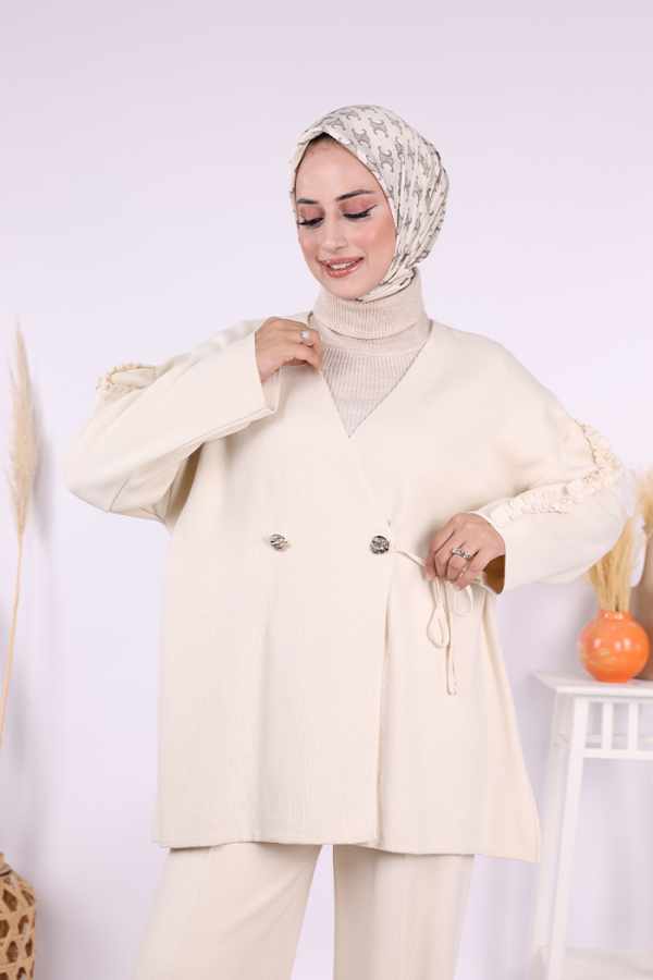 Kolları Fırfırlı Hırka ve Pantolon Takım 17026 Taş - 4