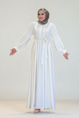 Kolları Lastikli Önü Düğme Detaylı Elbise 6040 Ekru - Bym Fashion