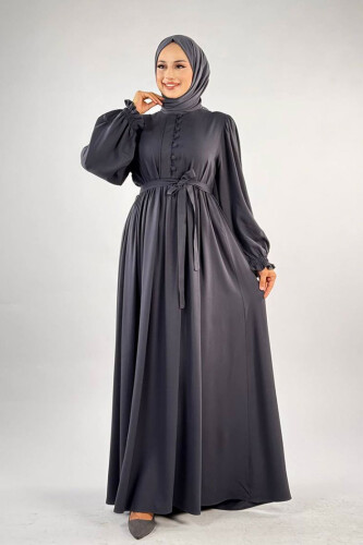 Kolları Lastikli Önü Düğme Detaylı Elbise 6040 Füme - Bym Fashion