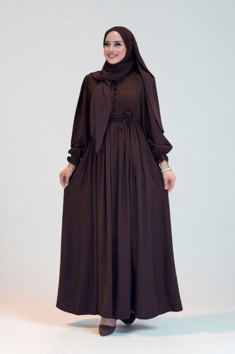 Kolları Lastikli Önü Düğme Detaylı Elbise 6040 Kahverengi - Bym Fashion