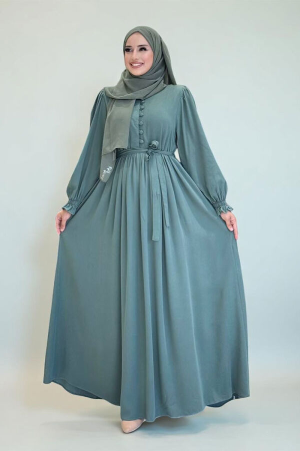 Kolları Lastikli Önü Düğme Detaylı Elbise 6040 Mint - 1