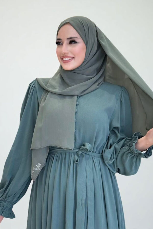 Kolları Lastikli Önü Düğme Detaylı Elbise 6040 Mint - 4