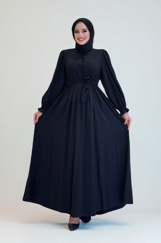 Kolları Lastikli Önü Düğme Detaylı Elbise 6040 Siyah - Bym Fashion