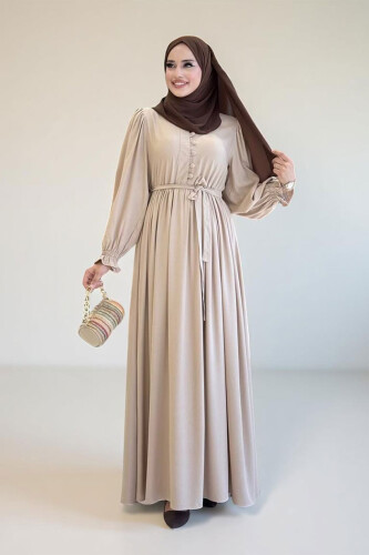 Kolları Lastikli Önü Düğme Detaylı Elbise 6040 Taş - Bym Fashion