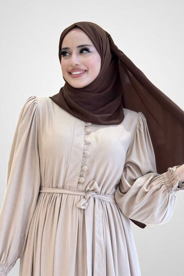 Kolları Lastikli Önü Düğme Detaylı Elbise 6040 Taş - 4