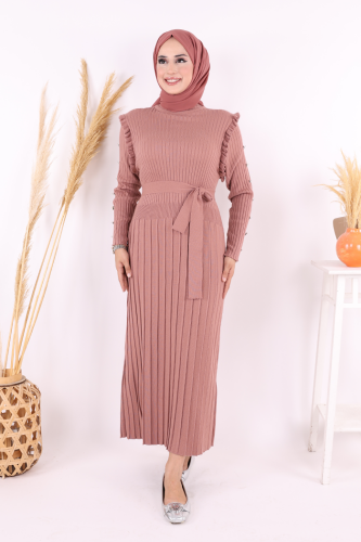 Kolları Metal Zımba Detay Omuz Kısımları Fırfırlı Yarım Boğaz Kendinden Şerit Görünümlü Triko Elbise 22204 Gül Kurusu - Bym Fashion