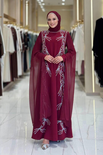 Kolları Pelerinli Taş Detaylı Abiye Elbise 3958 Bordo - Bym Fashion
