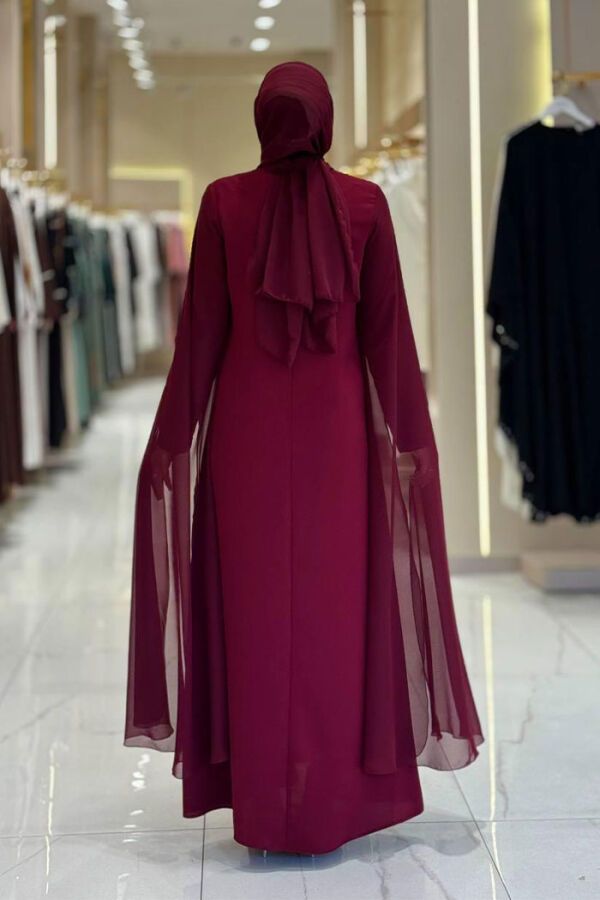 Kolları Pelerinli Taş Detaylı Abiye Elbise 3958 Bordo - 2