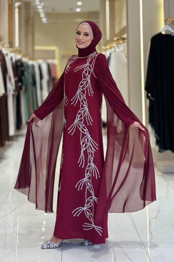 Kolları Pelerinli Taş Detaylı Abiye Elbise 3958 Bordo - 3
