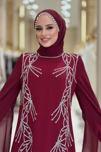 Kolları Pelerinli Taş Detaylı Abiye Elbise 3958 Bordo - 4