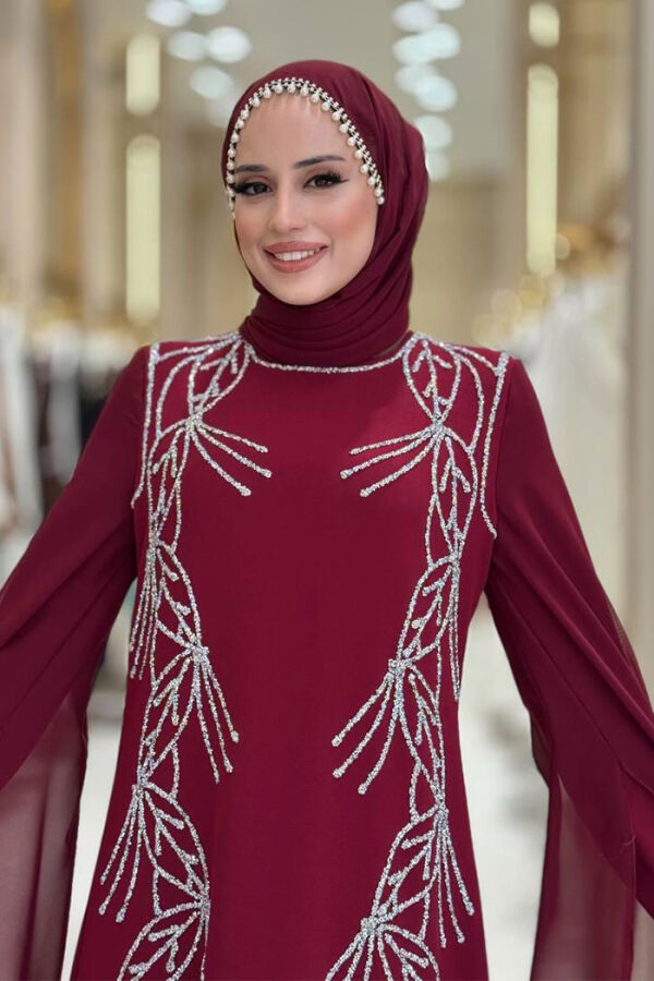 Kolları Pelerinli Taş Detaylı Abiye Elbise 3958 Bordo - 4