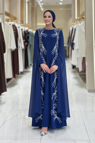 Kolları Pelerinli Taş Detaylı Abiye Elbise 3958 Lacivert - Bym Fashion