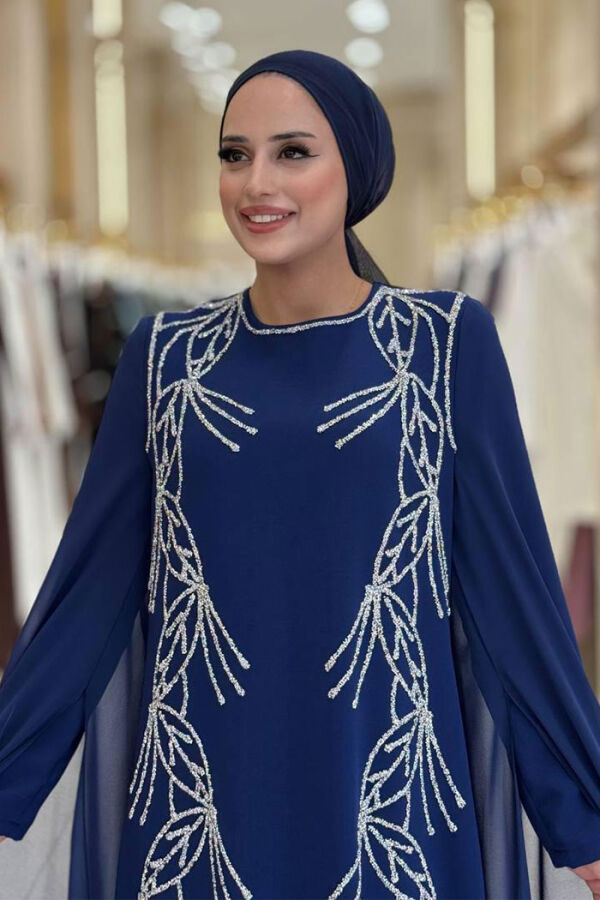 Kolları Pelerinli Taş Detaylı Abiye Elbise 3958 Lacivert - 4