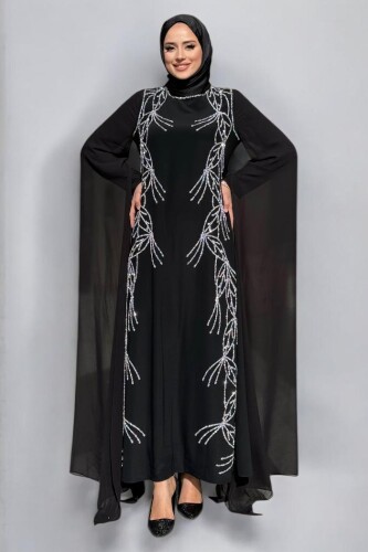 Kolları Pelerinli Taş Detaylı Abiye Elbise 3958 Siyah - Bym Fashion