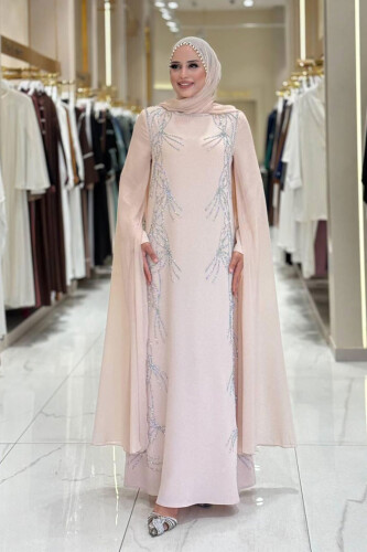 Kolları Pelerinli Taş Detaylı Abiye Elbise 3958 Taş - Bym Fashion