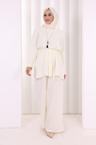 Kolyeli Tunik Pantolon Takım 8027 Ekru