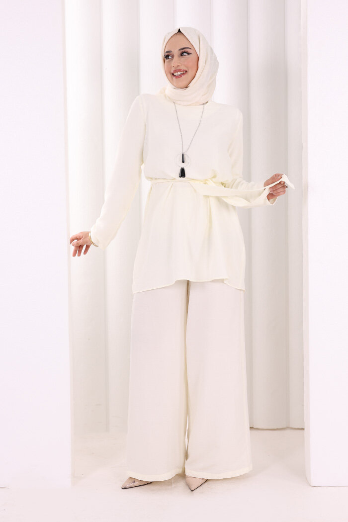 Kolyeli Tunik Pantolon Takım 8027 Ekru - 2