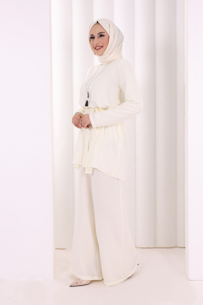 Kolyeli Tunik Pantolon Takım 8027 Ekru - 3