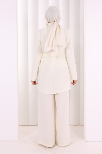 Kolyeli Tunik Pantolon Takım 8027 Ekru - 4