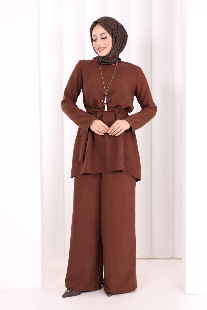 Kolyeli Tunik Pantolon Takım 8027 Kahverengi - 1